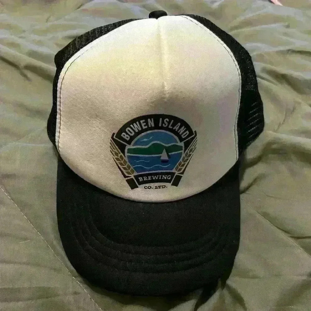 Bow Island Brewing truckers hat with adjustable back, black  and white.